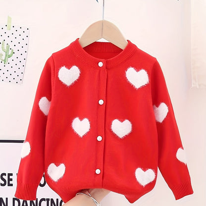 Toddler Girls Exquisite Knit Cardigan - Soft, Vibrant Red with Adorable White Heart Patterns, Classic Button-Front, Long Sleeves - Perfect for Spring and Autumn, Latest  Fashion Trend