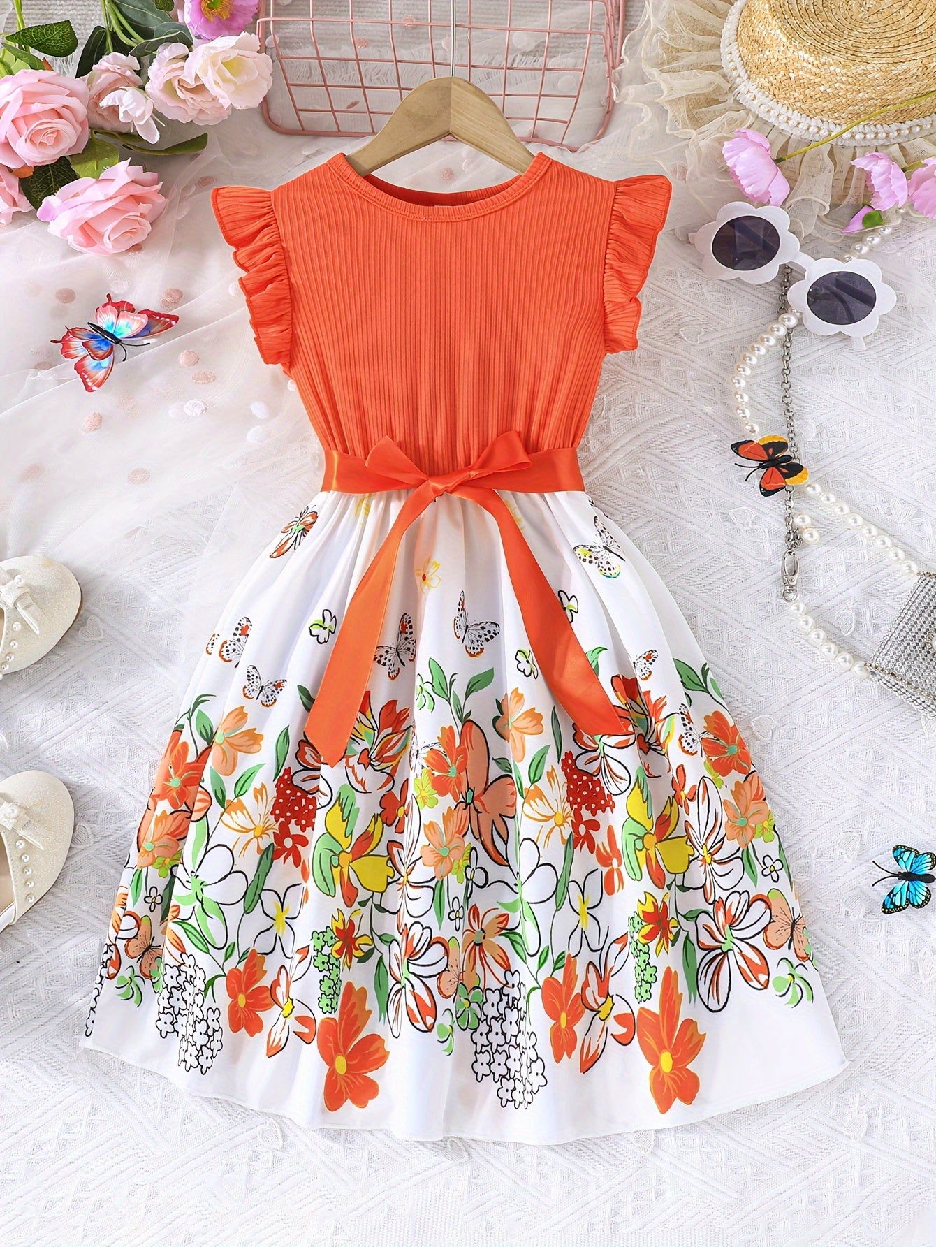 Floral Sleeveless Dress with Flutter Trim & Bow Belt - Perfect Summer Attire