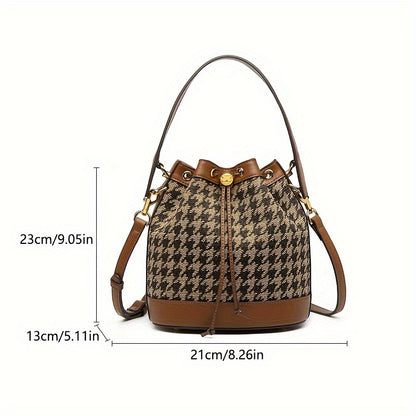 realaiot  Retro Houndstooth Pattern Bucket Bag, Classic Drawstring Satchel Bag For Women, Versatile Handbag