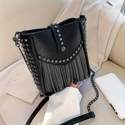 realaiot  Mini Tassel Studded Bucket Bag, Punk Style Crossbody Bag, Women's Trendy Handbag, Shoulder Bag & Purse