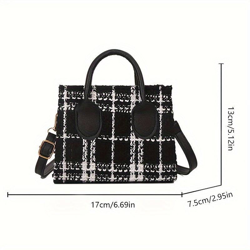 realaiot  Mini Plaid Pattern Tote Bag, Luxury Tweed Crossbody Bag, Women's Elegant Handbag & Purse