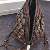 Vintage Bohemian Woven Shoulder Bag, Beaded Zipper Shoulder Purse, Travel Straw Crossbody Bag