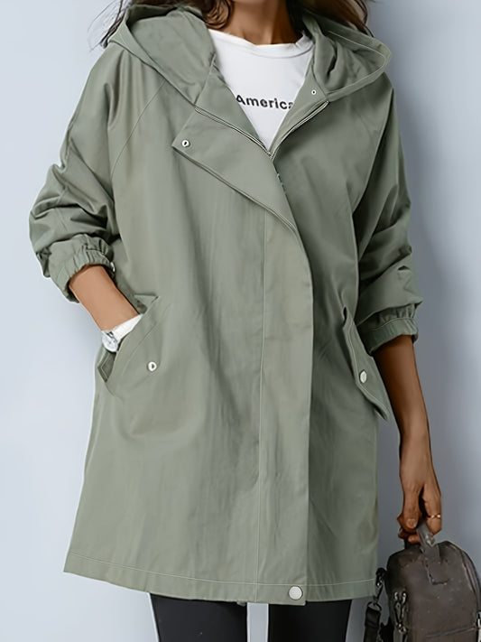 realaiot  Plus Size Casual Trench Coat, Women's Plus Solid Long Sleeve Zip Up Snap Buttons Lapel Collar Tunic Trench Coat With Pockets