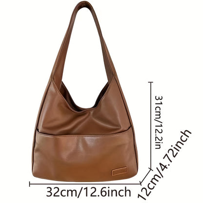 realaiot  Solid Color Hobo Bag, Simple PU Leather Tote Bag, Large Capacity Handbag For School Work