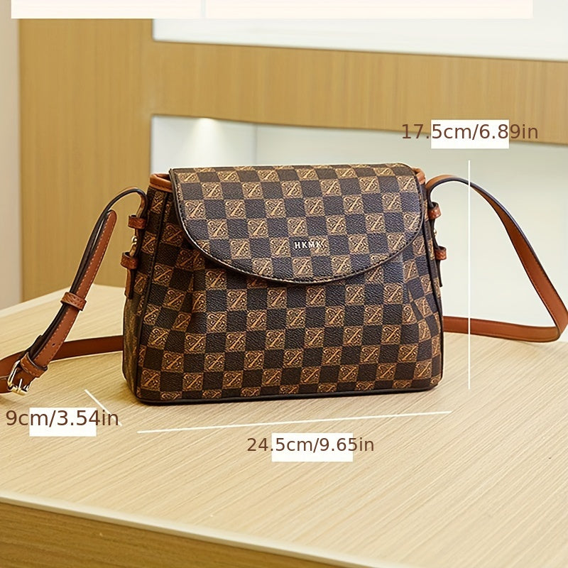 realaiot Letter Detail Plaid Flap Shoulder Bag For Ladies, Fashion Printing Zipper Simple Crossbody Bag