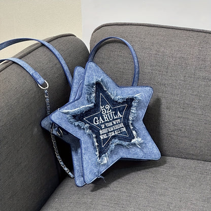 realaiot  Denim Star Shaped Backpack, Y2K Fringed Pentagram Crossbody Bag, Trendy Chain Shoulder Bag With Embroidery Letter