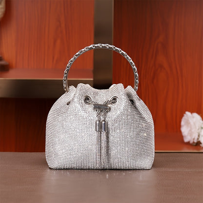 realaiot  Full Rhinestone Bucket Bag, Trendy Shiny Evening Handbag, Women's Mini Chain Crossbody Bag Prom Purse