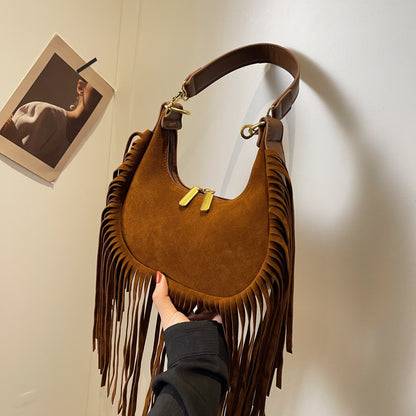 Retro Tassel Shoulder Bag, Bohemian Suede Crescent Bag, Trendy Fringed Handbag For Women