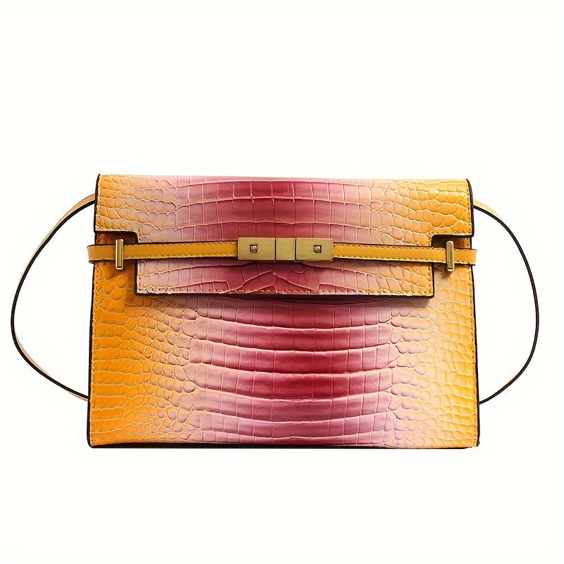 realaiot Gradient Color Crocodile Pattern Handbag, Trendy Ombre Crossbody Bag, Women's Luxury Clutch Purse Shoulder Bag