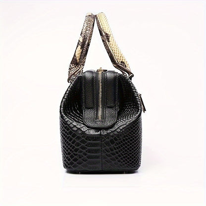 Crocodile Pattern Boston Bag, Luxury Genuine Leather Handbag, Fashion Crossbody Bag For Women