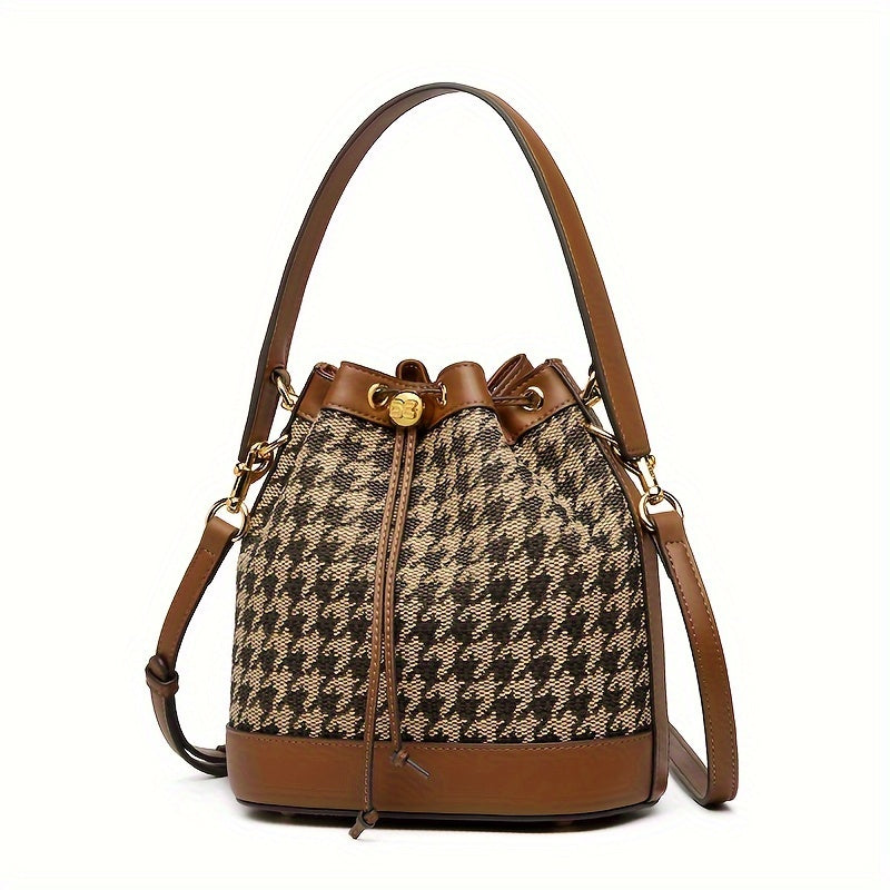 realaiot  Retro Houndstooth Pattern Bucket Bag, Classic Drawstring Satchel Bag For Women, Versatile Handbag