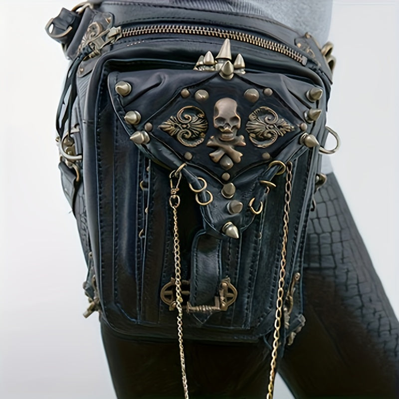 realaiot  Gothic Style Waist Bag, Skull & Studded Decor Crossbody Bag, Steampunk Motorcycle Bag For Outdoor Travel Sport