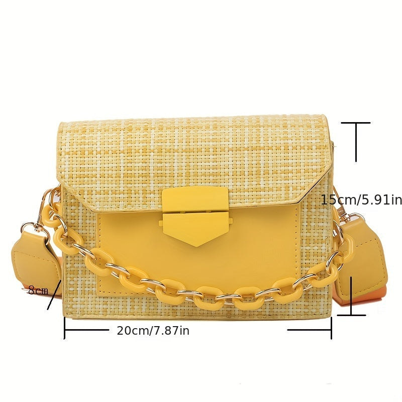 realaiot  Plaid Pattern Square Bag, Wide Strap Crossbody Bag, Women's Chain Decor Flap Purse