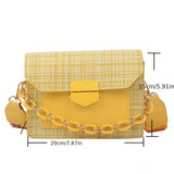 realaiot  Plaid Pattern Square Bag, Wide Strap Crossbody Bag, Women's Chain Decor Flap Purse