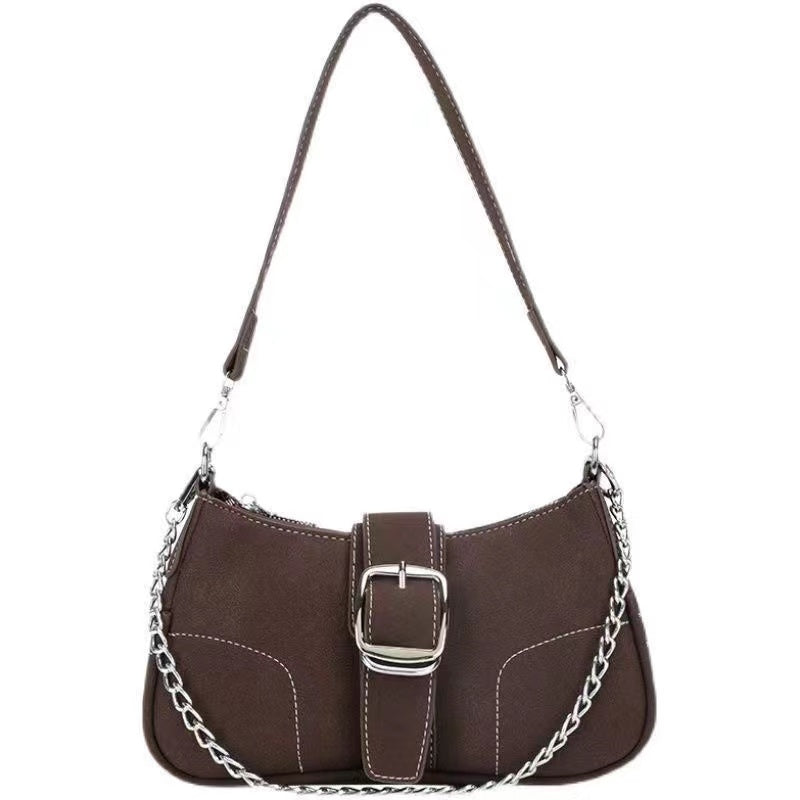 realaiot  Buckle Chain Decor Shoulder Bag, Zipper Stylish Underarm Bag, Faux Leather Versatile Shoulder Bag