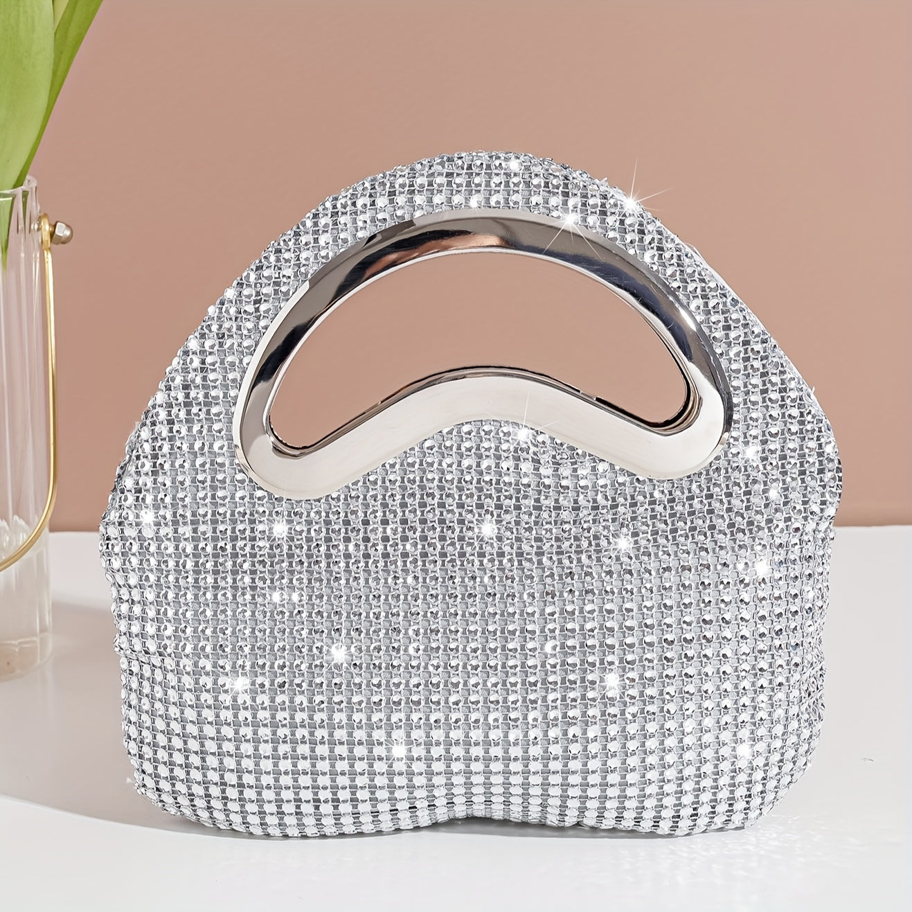 realaiot All Over Rhinestone Decor Handbag, Glitter Luxury Sliver Satchel Dinner Bag, Women's Dress Evening Bag