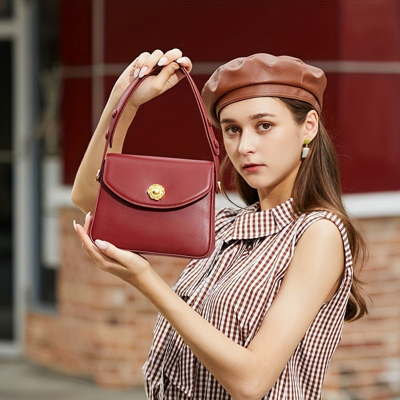 realaiot  Retro Small Square Flap Bag, PU Leather Textured Crossbody Bag, Fashion Versatile Handbag