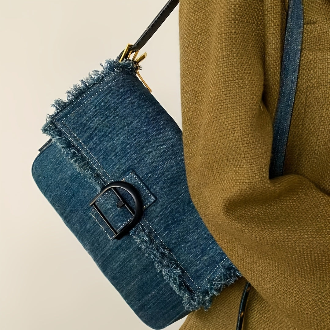 realaiot  Raw Trim Denim Shoulder Bag, Vintage Buckle Underarm Bag, Women's Flap Square Purse