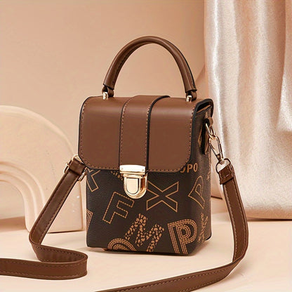 realaiot  Retro Mini Square Handbag, Letter Print Crossbody Bag, Women's Buckle Mobile Phone Bag