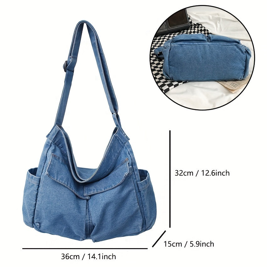 realaiot  Retro Denim Canvas Tote Bag, Multi Pockets Crossbody Bag, Y2K Hobo Bag For Sports, Travel, School