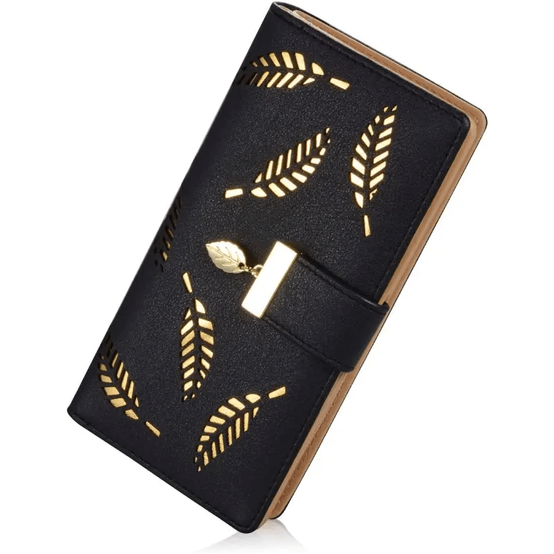 Women's Trendy Long Wallet, Hollow Leaves Pattern Coin Purse, Clutch Classic Purse