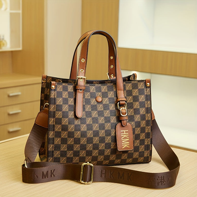 realaiotCheckerboard Pattern Retro Tote Bag, Large Capacity Shoulder Bag With Letter Pattern Strap, Women's Versatile Top Handle Crossbody Bag