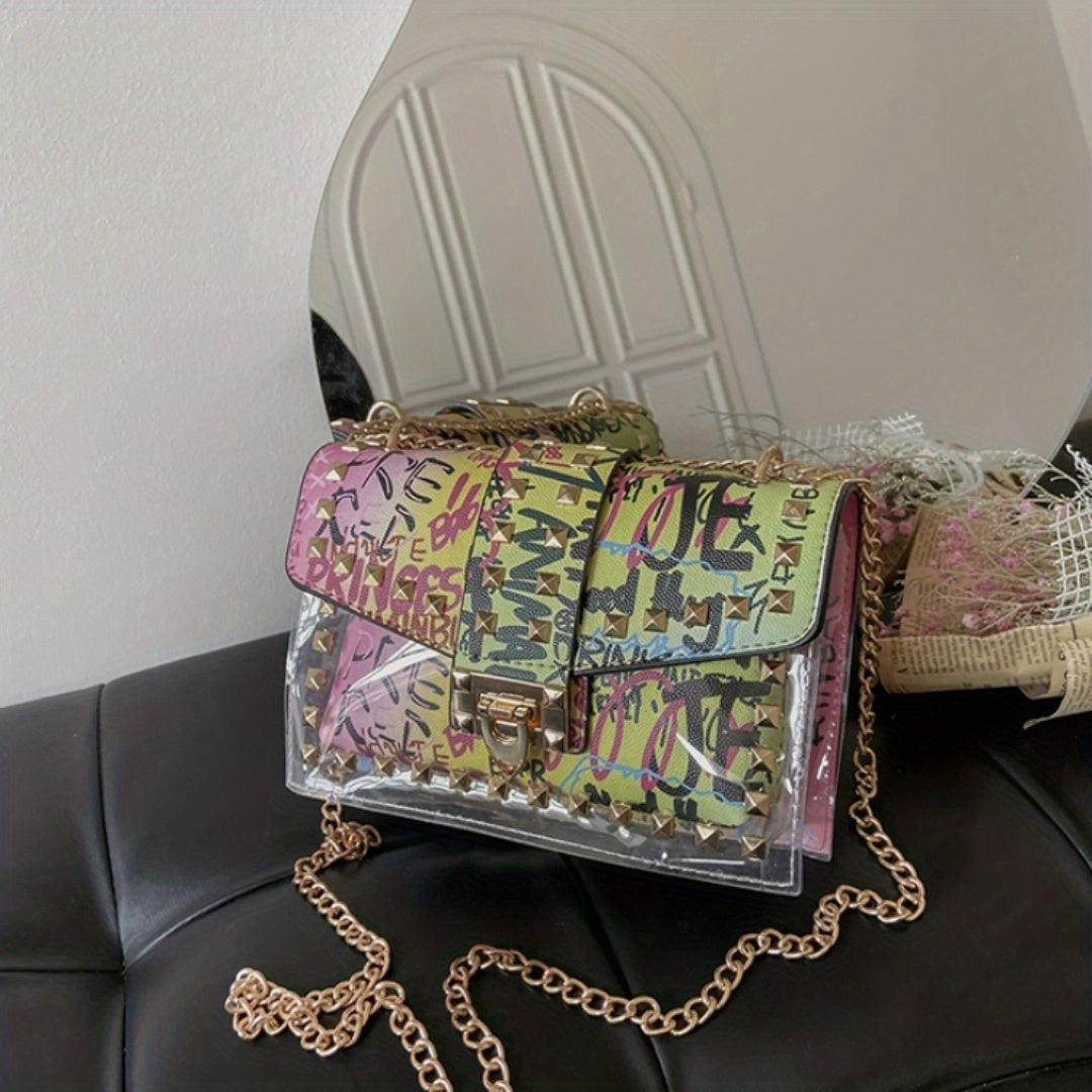 realaiot  Colorful Graffiti Chain Crossbody Bag, Trendy Studded Decor Shoulder Bag, Women's Small Flap Square Purse