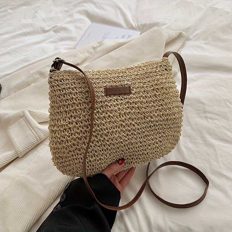 realaiot  Trendy Woven Straw Bag, Women's Summer Beach Handbag, Large Capacity Crossbody Bag