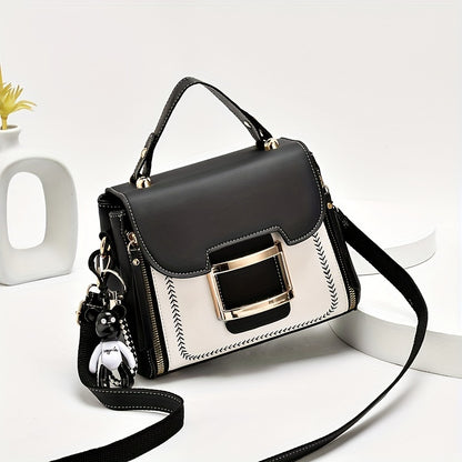 Fashion Color Contrast Handbag, Women's Buckle Decor Crossbody Bag, Elegant Top Handle Mini Square Purse