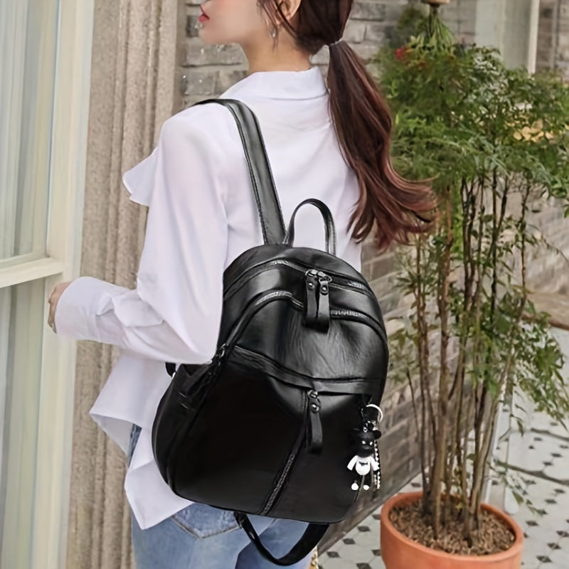 1pc PU New Backpack Large Capacity Student Schoolbag, Solid Color Lady's Soft Leather Backpack, Simple Black Backpack