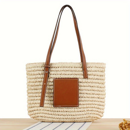 realaiot Patches Woven Tote Bag With Drawstring, Leisure Travel Beach Bag, Women's Versatile Shopping Shoulder Bag For Vacation