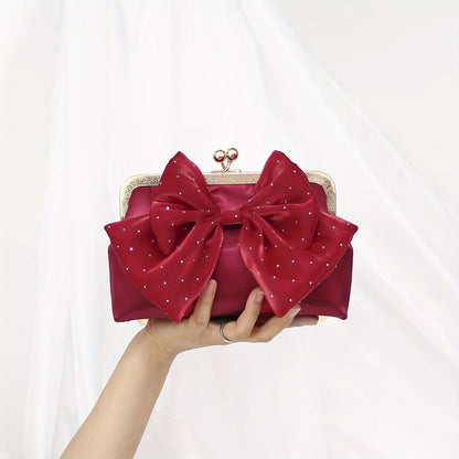 realaiot  Red Satin Bowknot Evening Bag, Elegant Rhinestone Decor Clip Purse, Women's Dress Handbag For Wedding Party Prom Banquet - Perfect for Carnival Mardi Gras