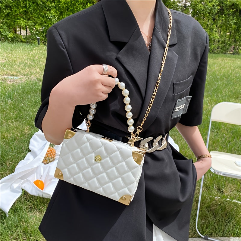 Trendy Argyle Quilted Crossbody Box Bag, Faux Pearls Chain Bag, Perfect Square Shoulder Bag For Daily Use