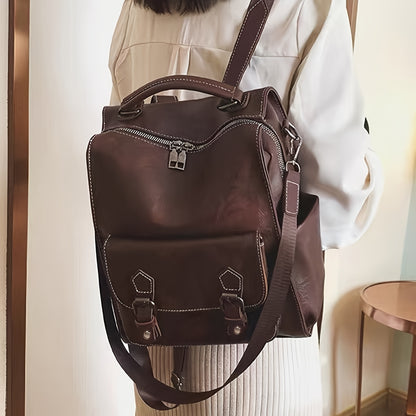 PU Leather Brown Backpack, New Retro British Style College Student School Bag, Simple Travel Backpack, Large Capacity Work Computer Commuter Backpack