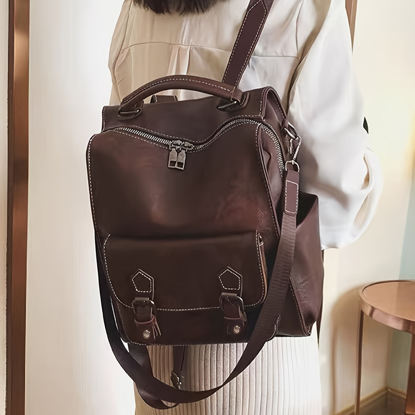 realaiot PU Leather Brown Backpack, New Retro British Style College Student School Bag, Simple Travel Backpack, Large Capacity Work Computer Commuter Backpack