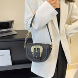 Elegant Flap Saddle Shoulder Bag, Trendy Shoulder Bag, Metal Buckle Decor Underarm Bag