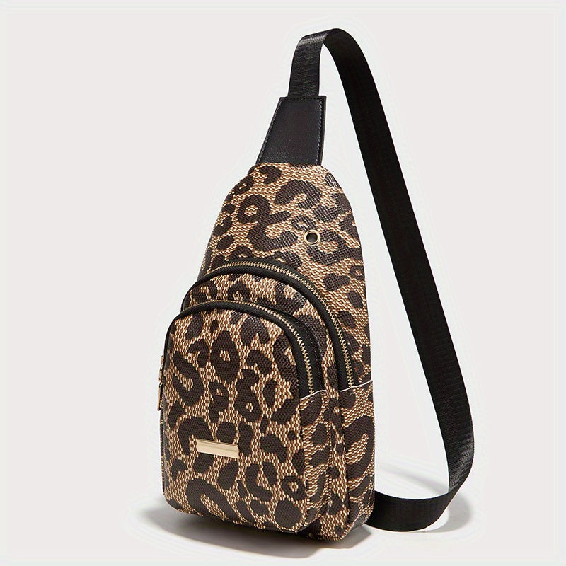 Women's Bag, Double-layer Circle Pattern Leopard Pattern Iron Plate Decoration Double-layer Chest Bag Casual Simple Crossbody Mobile Phone Bag