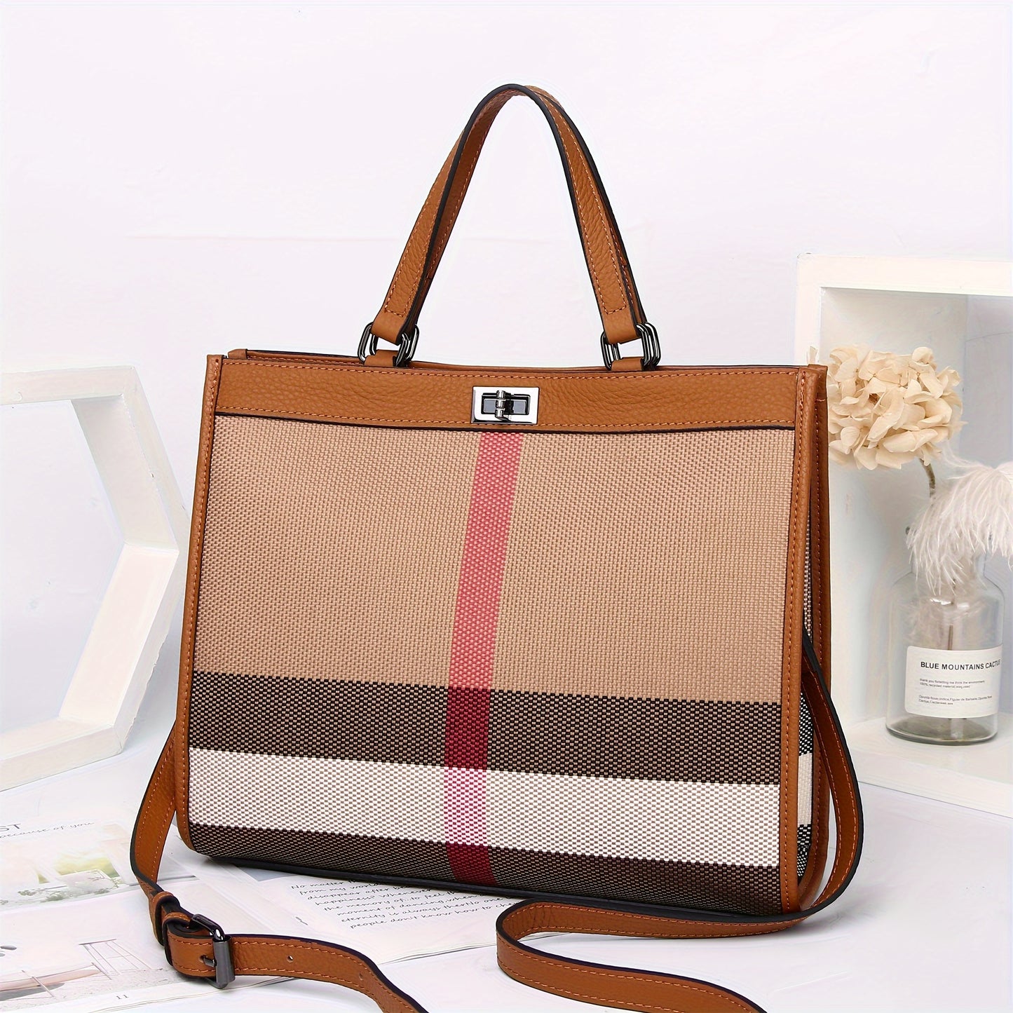 realaiot  Fashion Plaid Pattern Crossbody Bag, Genuine Leather Shoulder Bag, Women's Casual Handbag & Tote Purse