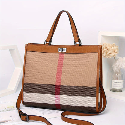 realaiot  Fashion Plaid Pattern Crossbody Bag, Genuine Leather Shoulder Bag, Women's Casual Handbag & Tote Purse