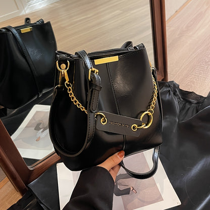 realaiot Retro Style Bucket Bag For Women, Fashion Mini Crossbody Bag, Trendy Chain Decor Handbag