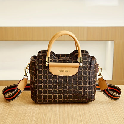 realaiotLetter Plaid Pattern Handbag, Colorblock Wide Strap Shoulder Bag, Retro Crossbody Bag Women Office & Work Purse