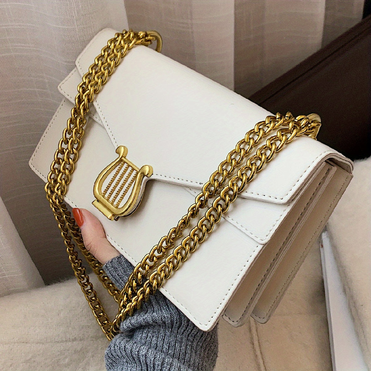 Vintage Chain Crossbody Bag, Retro Design Flap Square Purse, Women's PU Leather Shoulder Bag