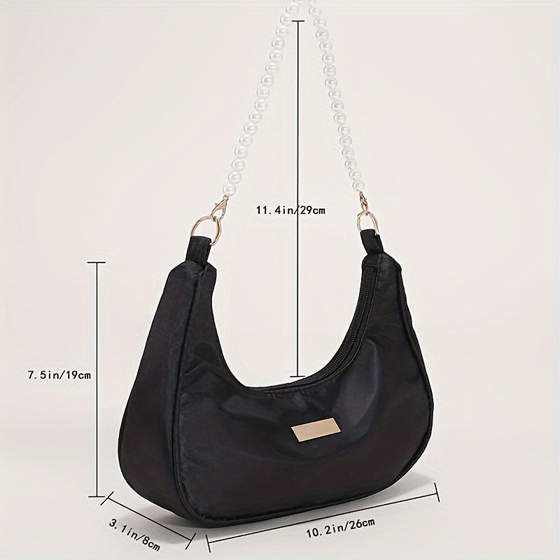 realaiot  Black Minimalist Baguette Bag, Zipper Trendy Underarm Bag With Faux Pearl Strap For Women