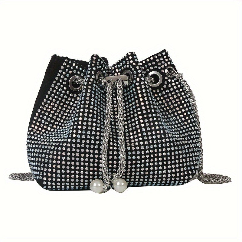 Rhinestone Decor Drawstring Bucket Bag, Glitter Mini Chain Bag, Women's Trendy Crossbody Bag