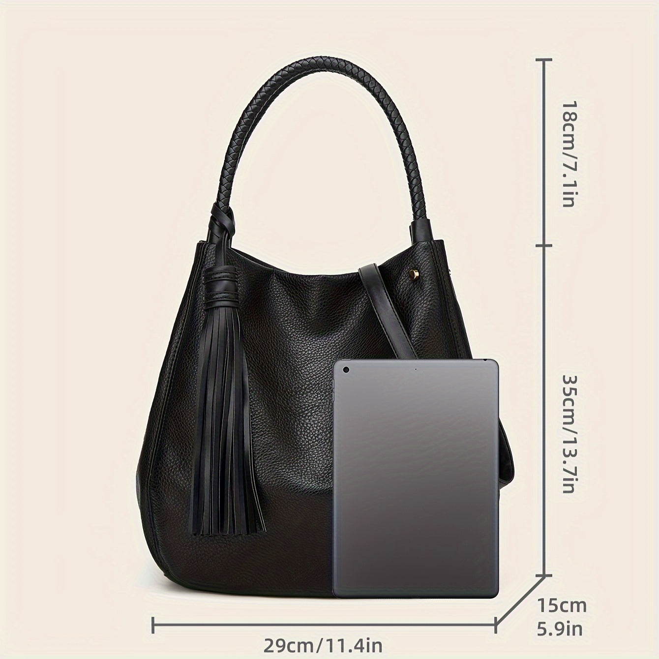 realaiot  Tassel Top Handle Satchel Large Capacity Tote Bag, PU Leather Textured Shoulder Bag, Casual Versatile Commuter Bag