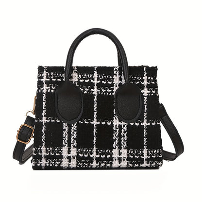 realaiot  Mini Plaid Pattern Tote Bag, Luxury Tweed Crossbody Bag, Women's Elegant Handbag & Purse