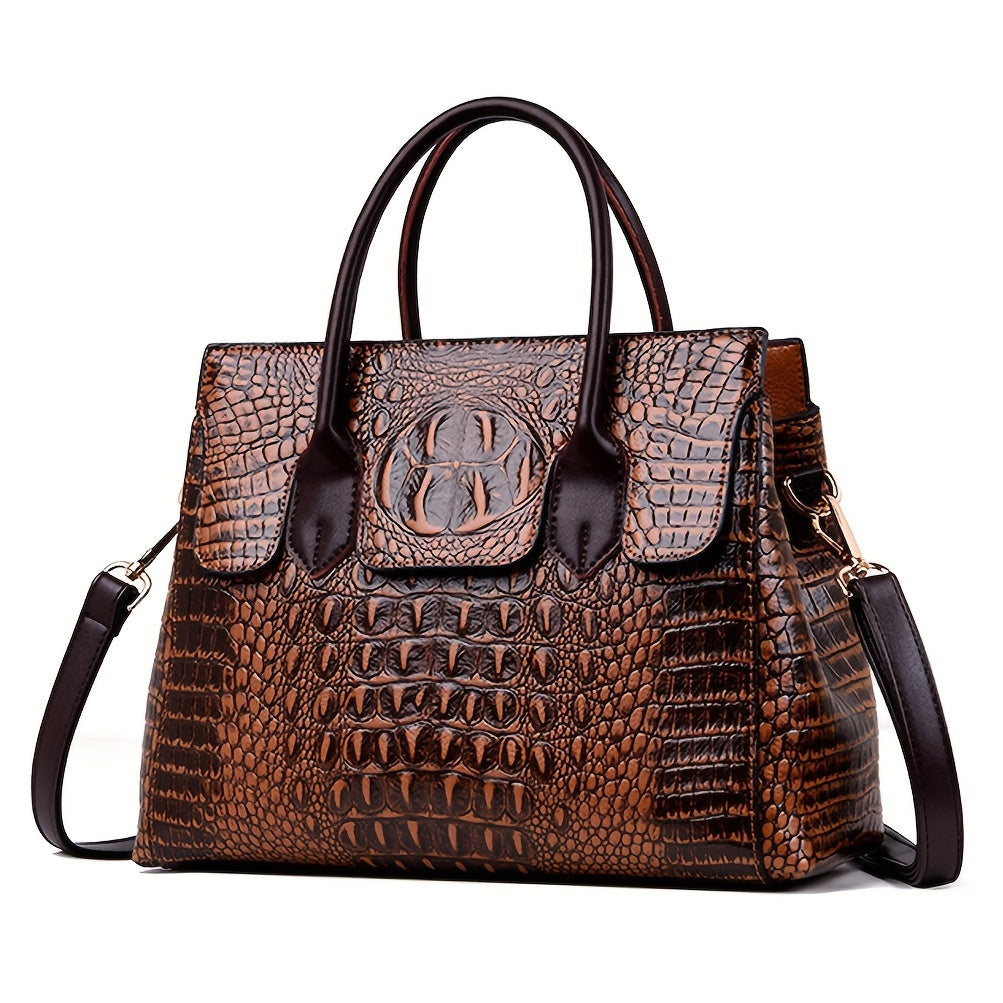 Retro Crocodile Embossed Tote Bag, Luxury Vegan Leather Satchel Purse, Large Capacity Crossbody Bag For Women