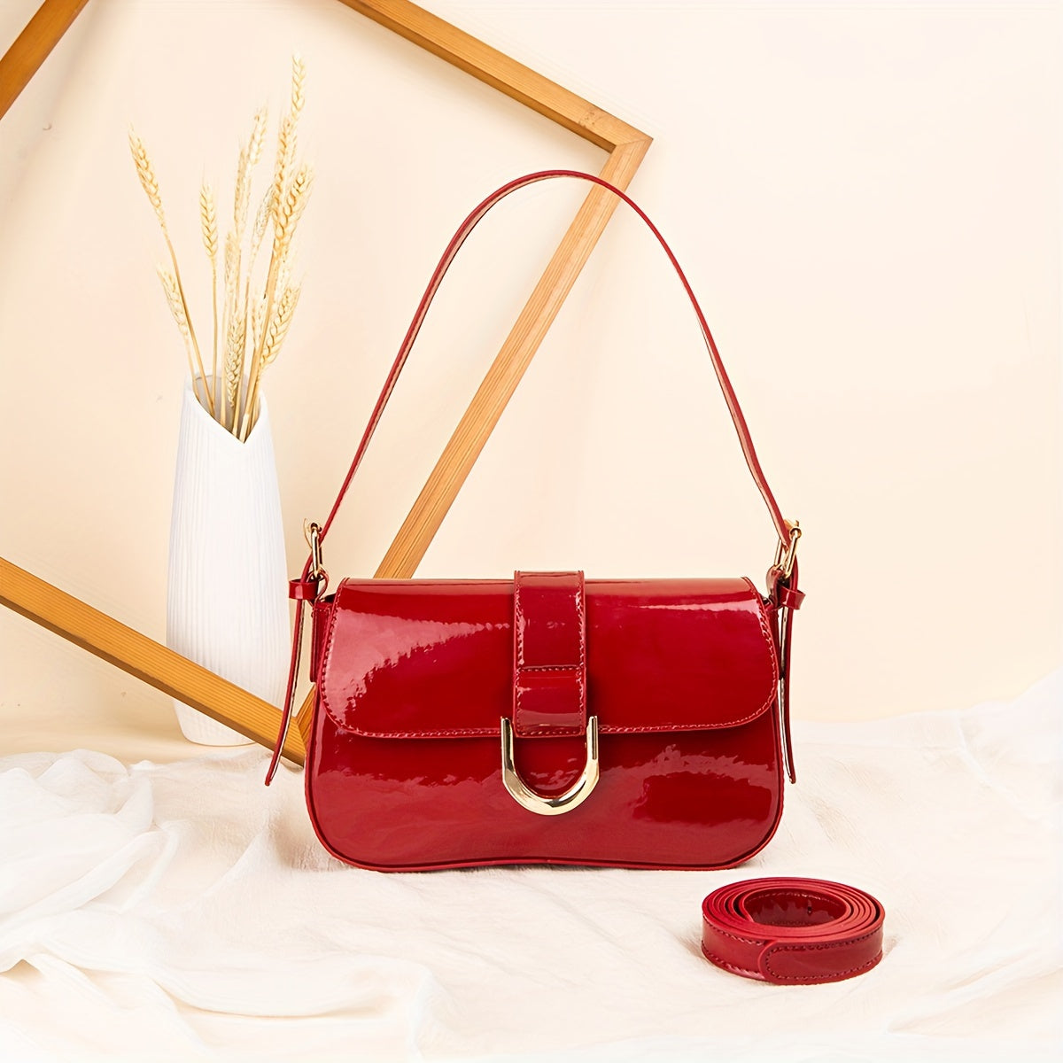 realaiot  Fashion Glossy Crossbody Bag, Patent Leather PU Square Purse, Elegant Red Shoulder Bag For Women