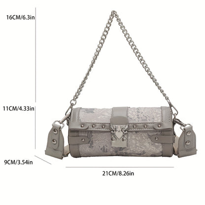 Vintage Cylinder Crossbody Bag, Floral Pattern Shoulder Bag, Trendy Chain Handbag For Women