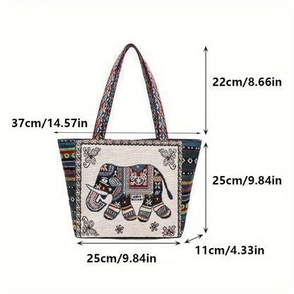 realaiot  New Ethnic Style Shoulder Bag, Butterfly Elephant Pattern Casual Travel Storage Tote Bag For Women